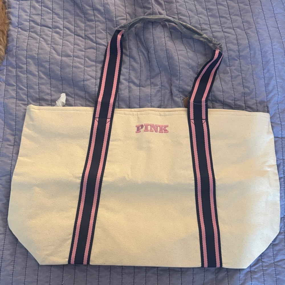PINK Victoria's Secret Beige Tote with Pink Stripes
